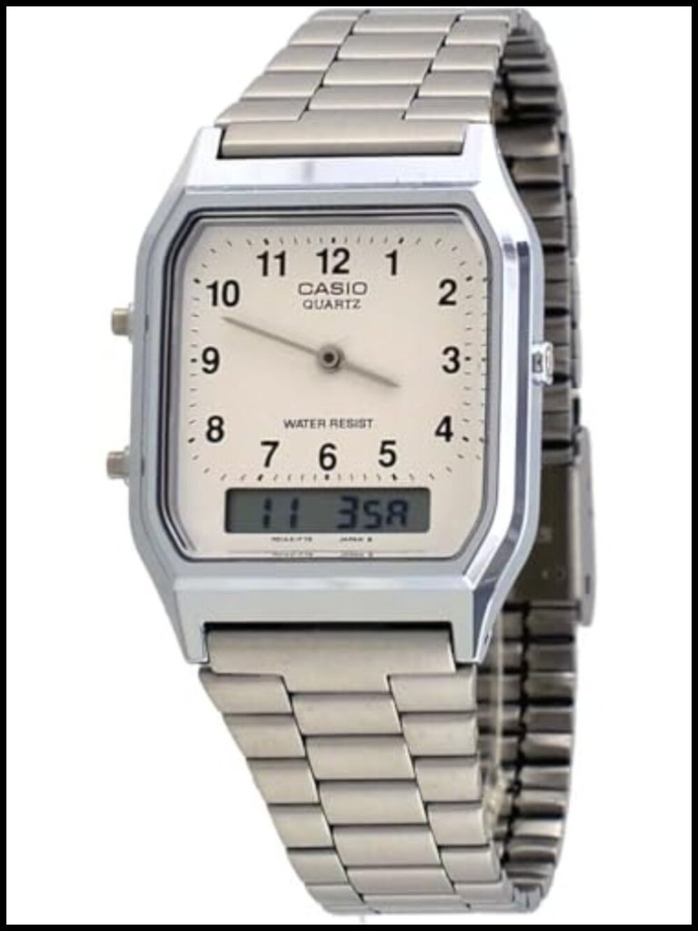 Men's Stainless Steel Analog Digital Watch White Dial Dual Time Alarm